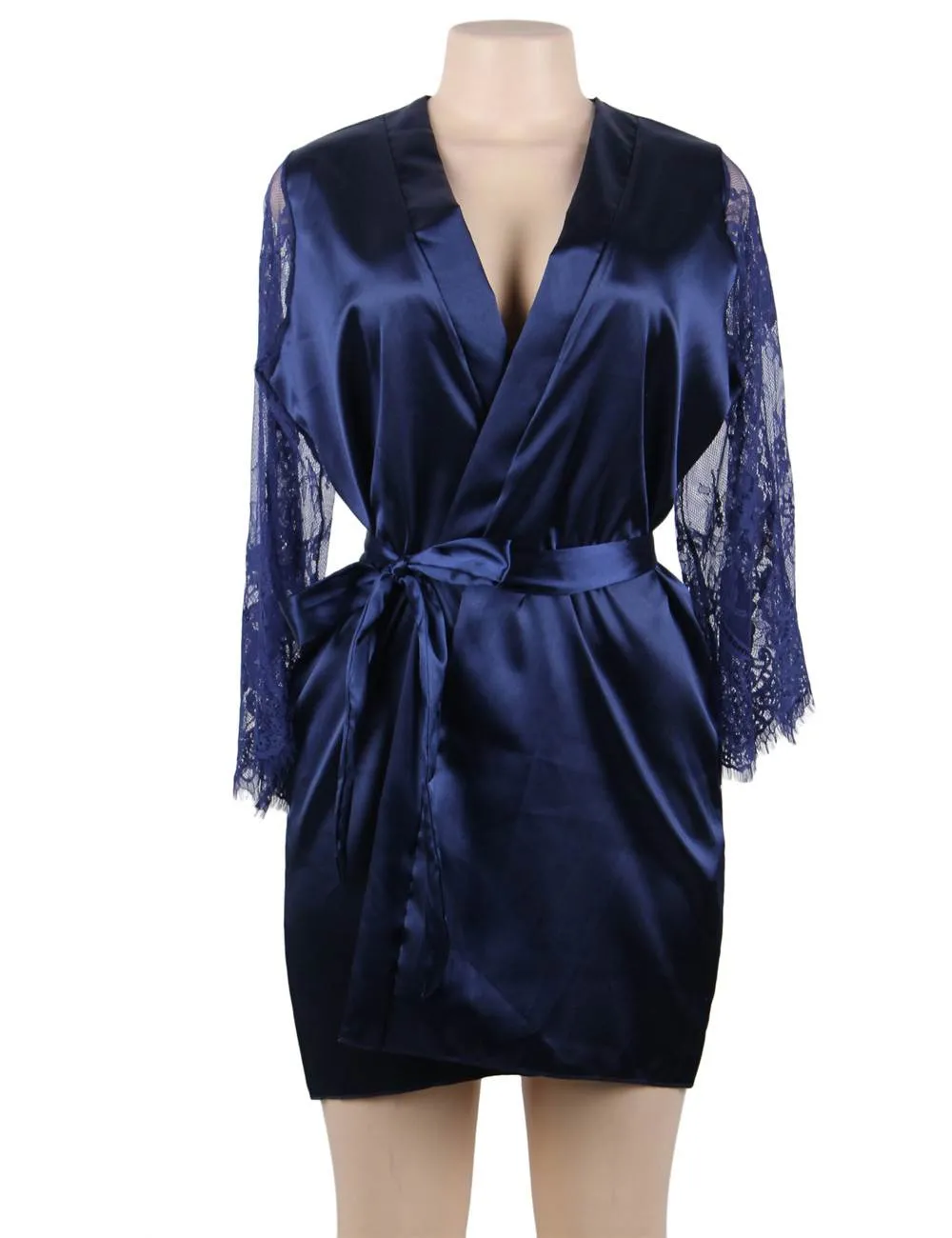 Eyelash Lace Nightdress Egypt Silk Long Sleeves Sleepwear with G String