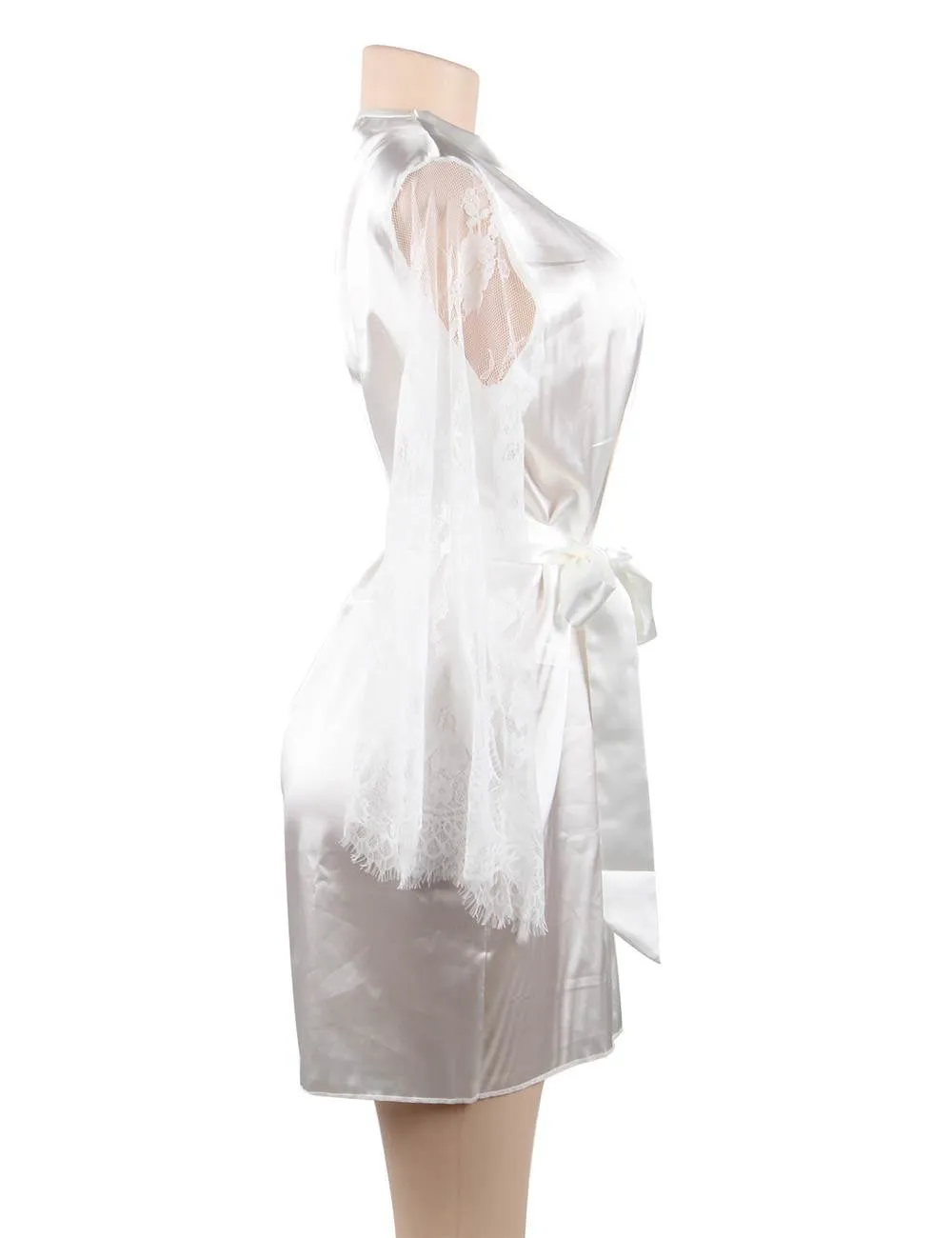 Eyelash Lace Nightdress Egypt Silk Long Sleeves Sleepwear with G String