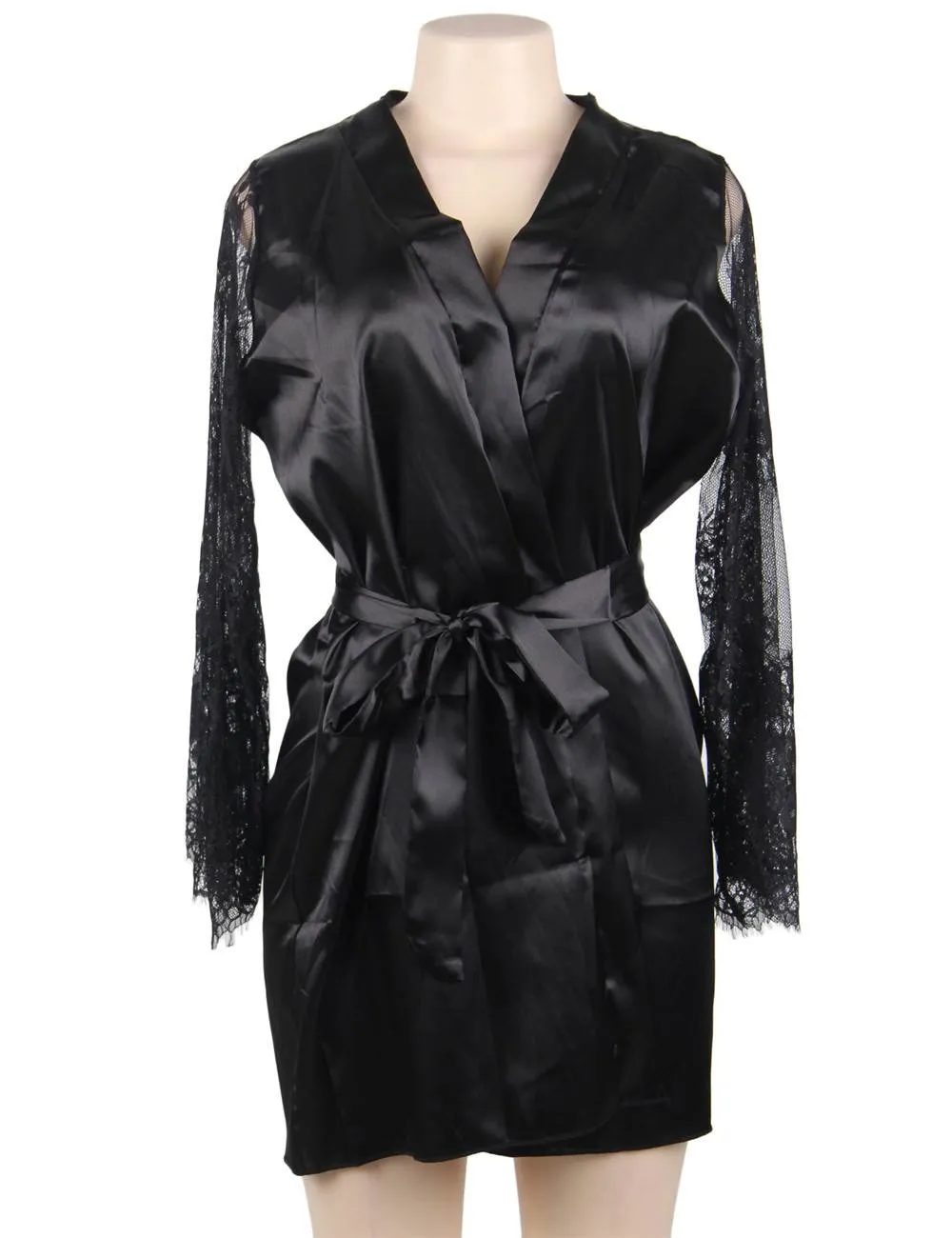 Eyelash Lace Nightdress Egypt Silk Long Sleeves Sleepwear with G String