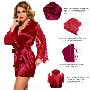 Eyelash Lace Nightdress Egypt Silk Long Sleeves Sleepwear with G String