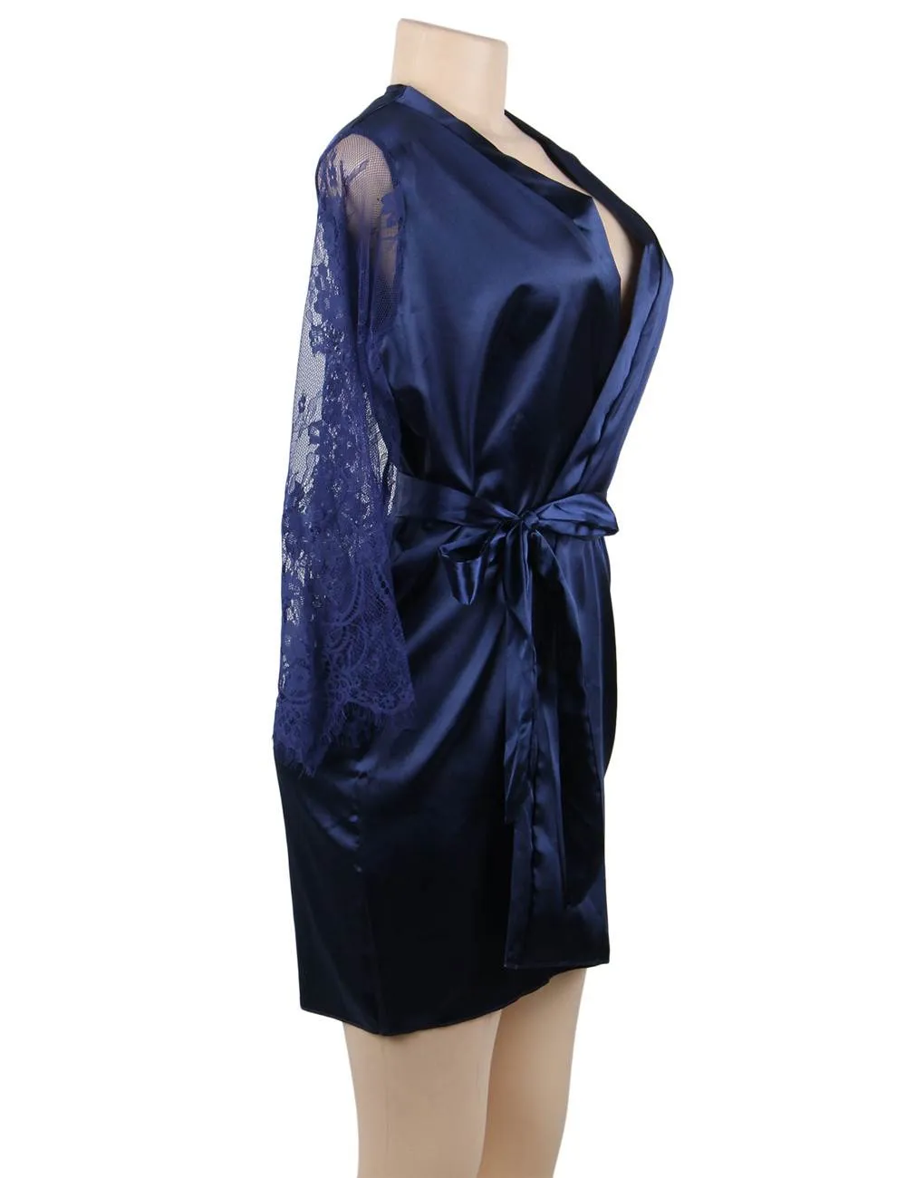 Eyelash Lace Nightdress Egypt Silk Long Sleeves Sleepwear with G String