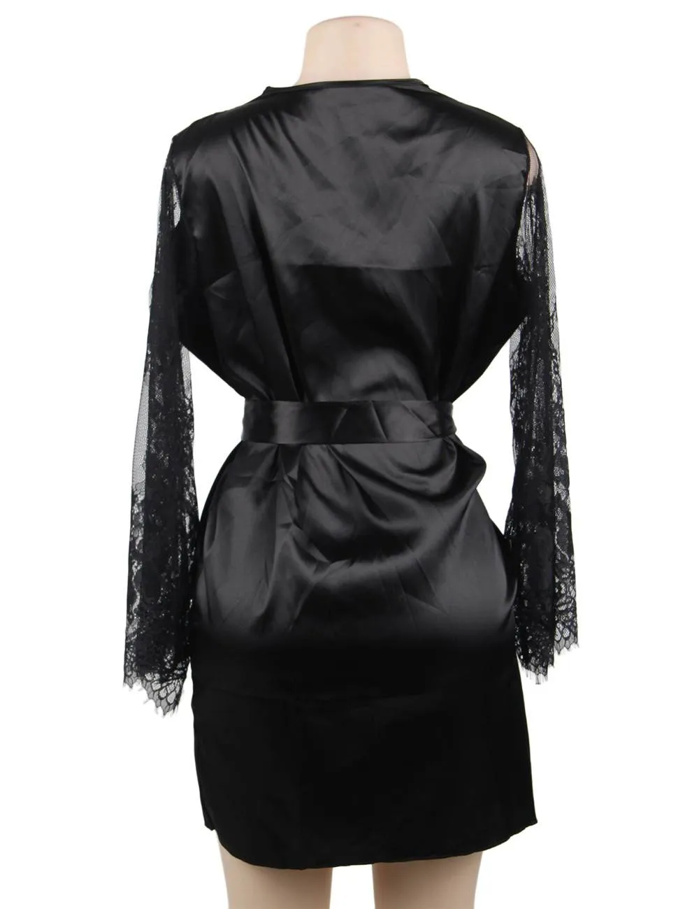 Eyelash Lace Nightdress Egypt Silk Long Sleeves Sleepwear with G String