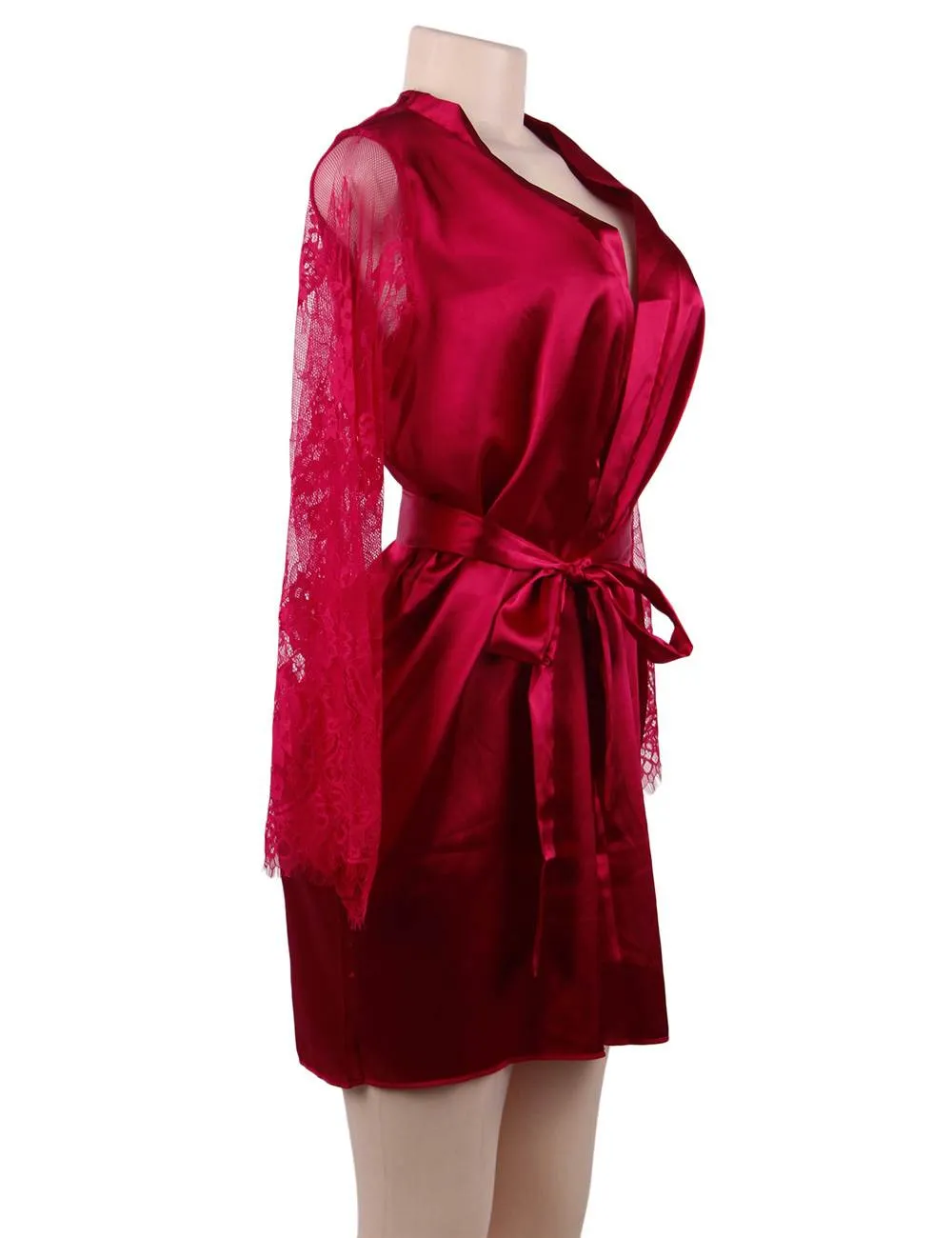 Eyelash Lace Nightdress Egypt Silk Long Sleeves Sleepwear with G String