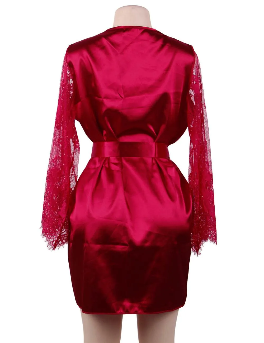 Eyelash Lace Nightdress Egypt Silk Long Sleeves Sleepwear with G String