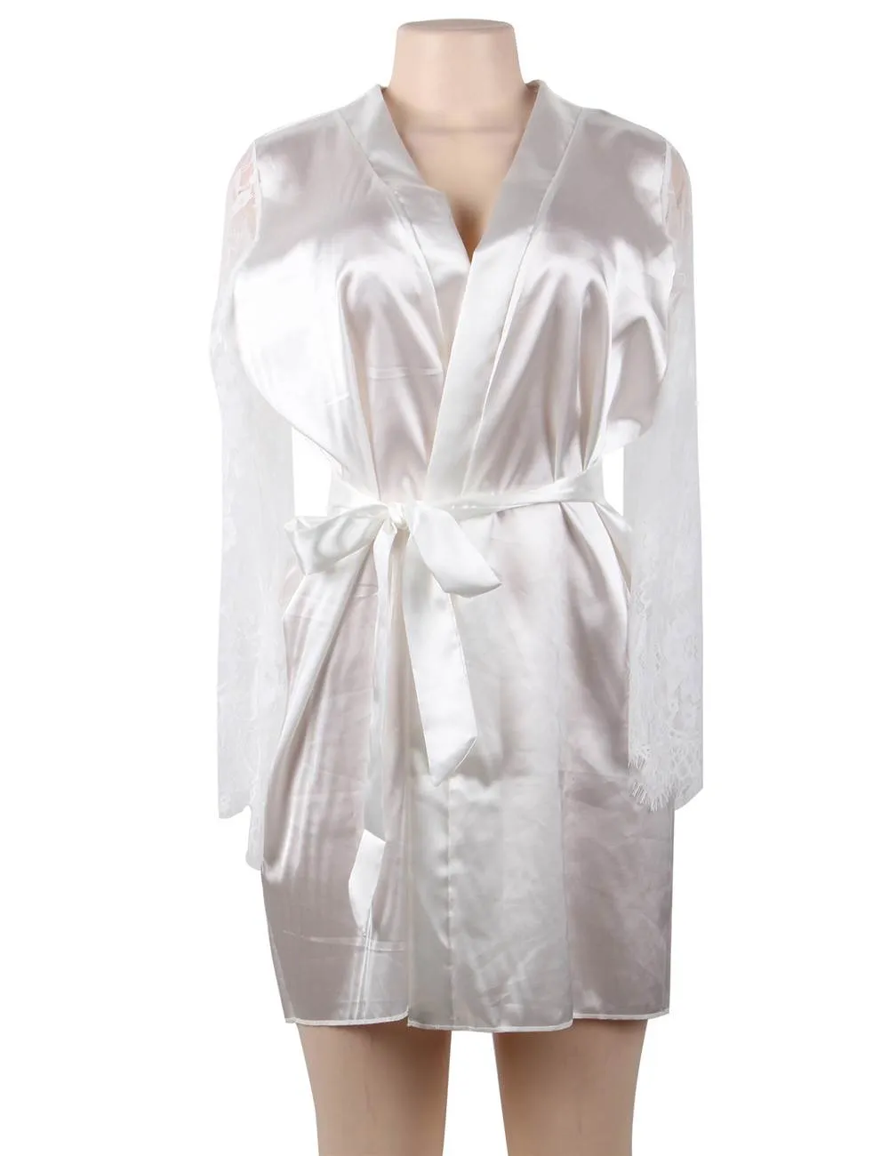 Eyelash Lace Nightdress Egypt Silk Long Sleeves Sleepwear with G String