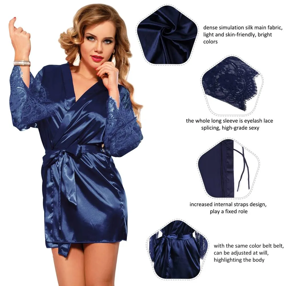 Eyelash Lace Nightdress Egypt Silk Long Sleeves Sleepwear with G String