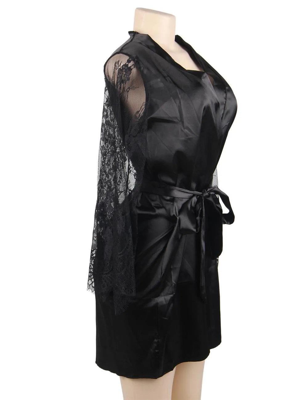 Eyelash Lace Nightdress Egypt Silk Long Sleeves Sleepwear with G String