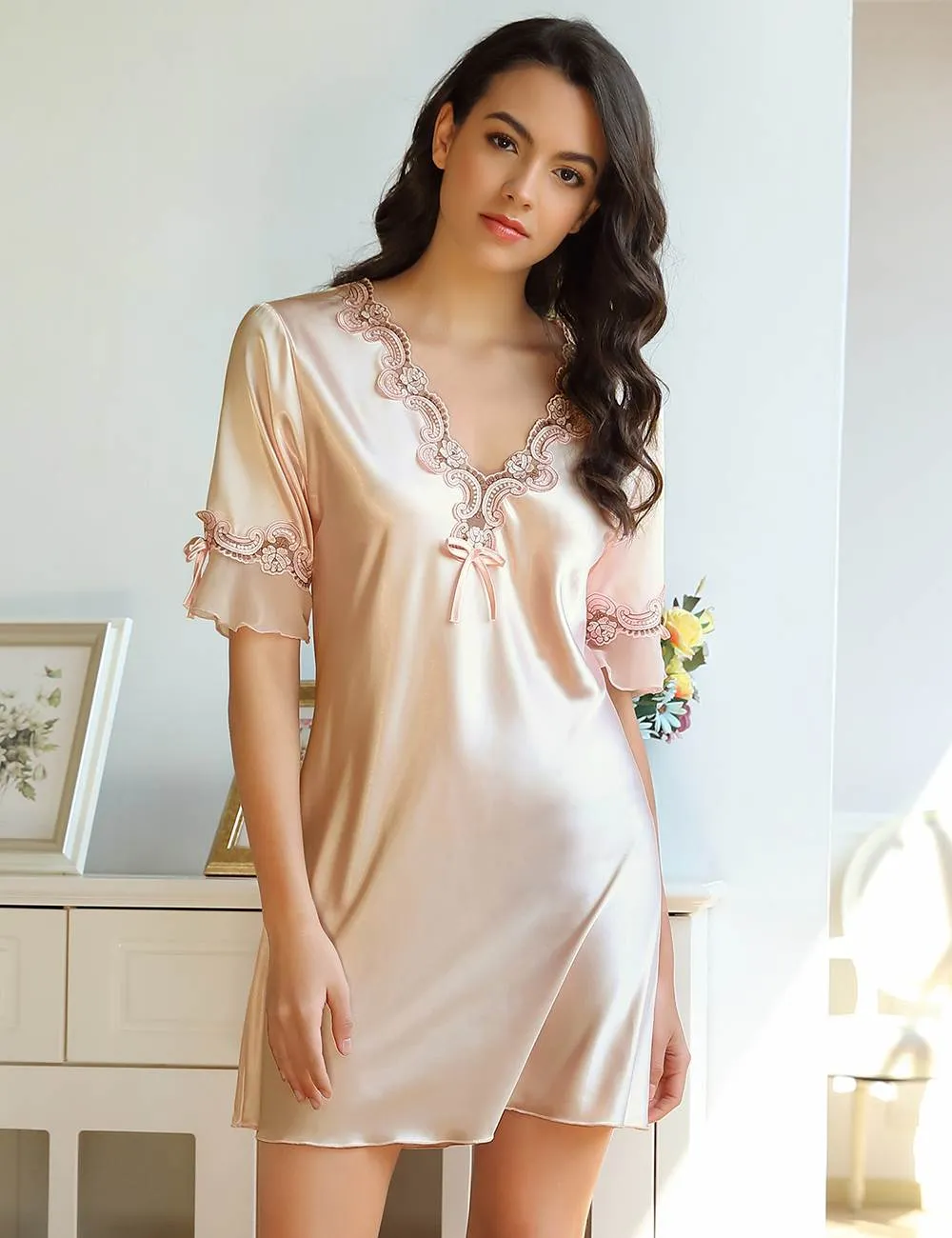 Fashionable Silk Embroidery Casual Nightdress