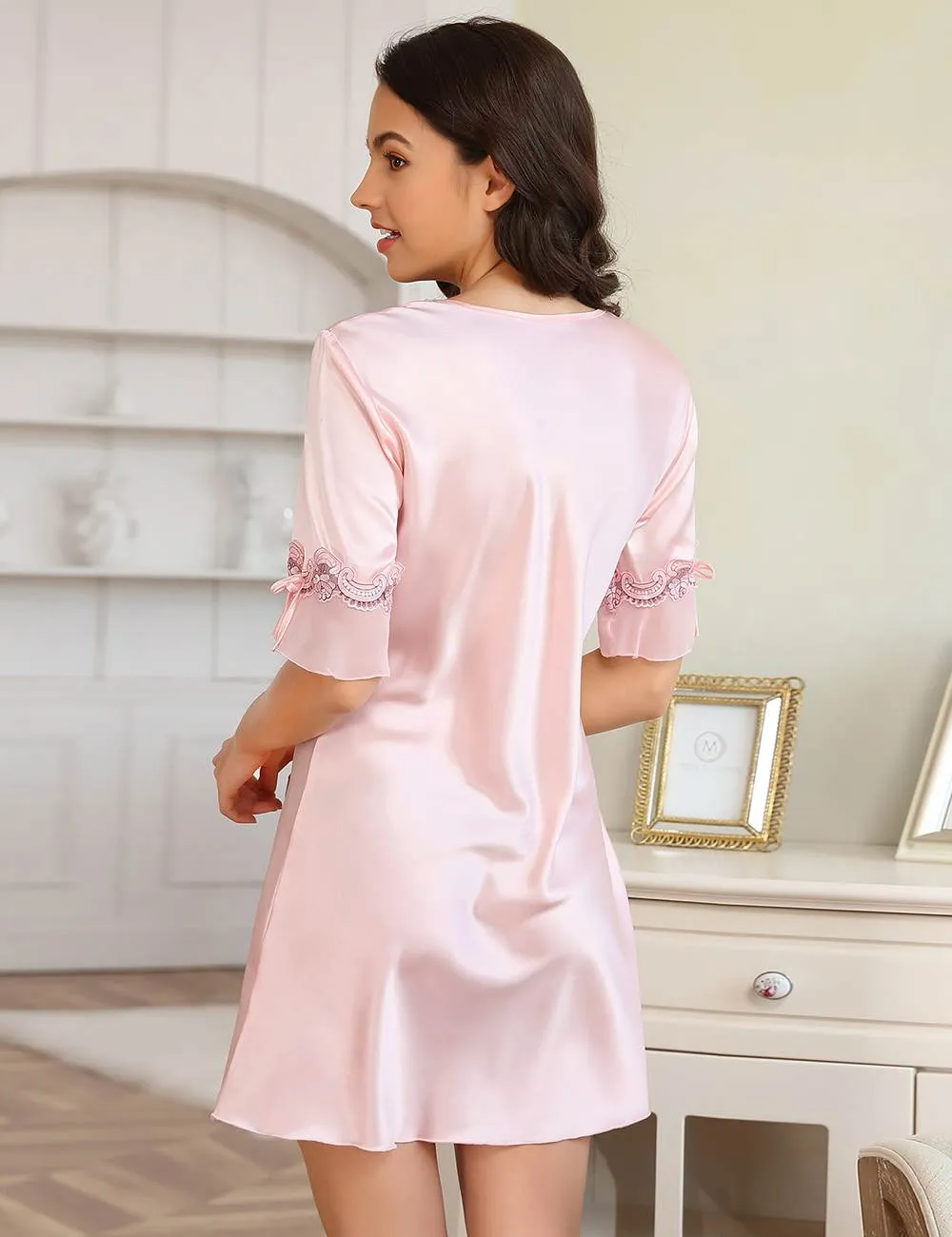 Fashionable Silk Embroidery Casual Nightdress
