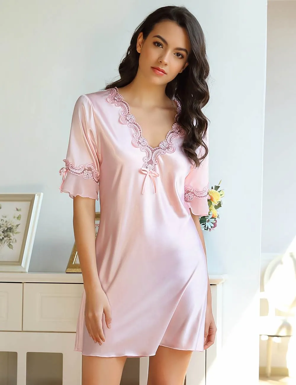 Fashionable Silk Embroidery Casual Nightdress