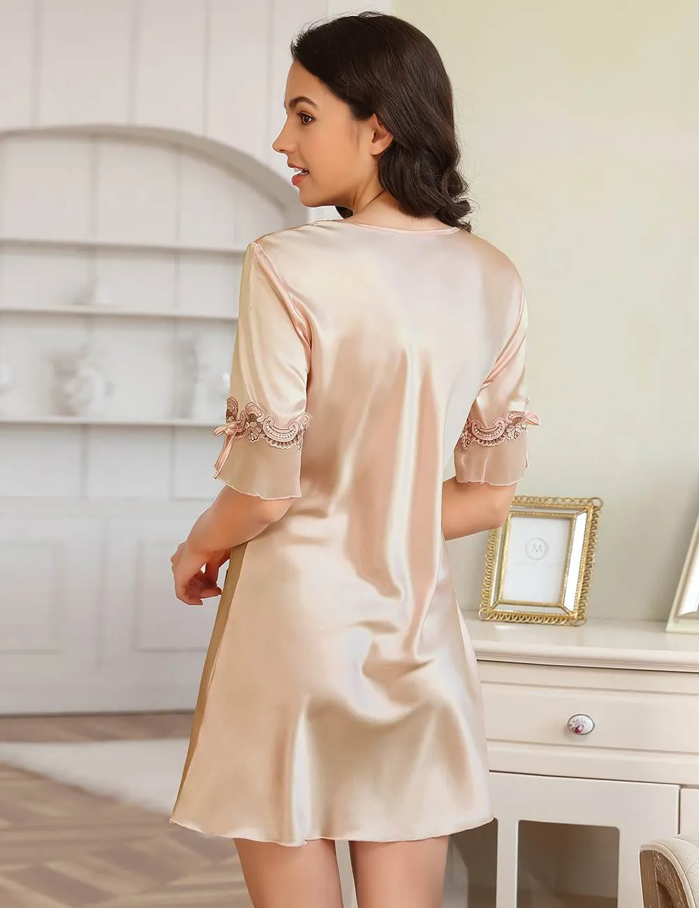 Fashionable Silk Embroidery Casual Nightdress