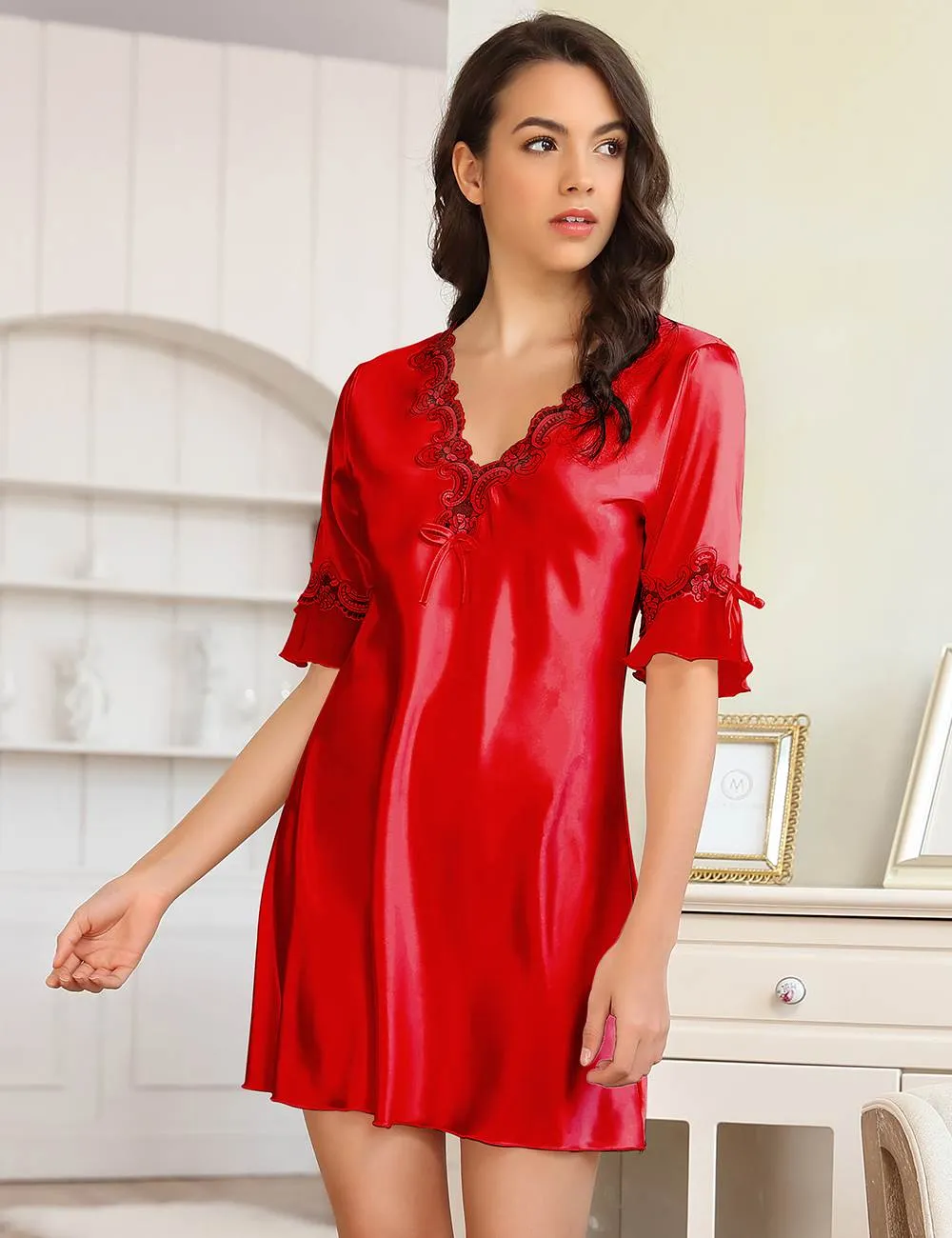 Fashionable Silk Embroidery Casual Nightdress