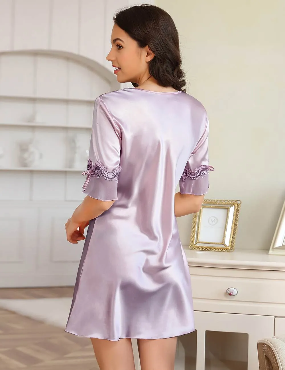Fashionable Silk Embroidery Casual Nightdress