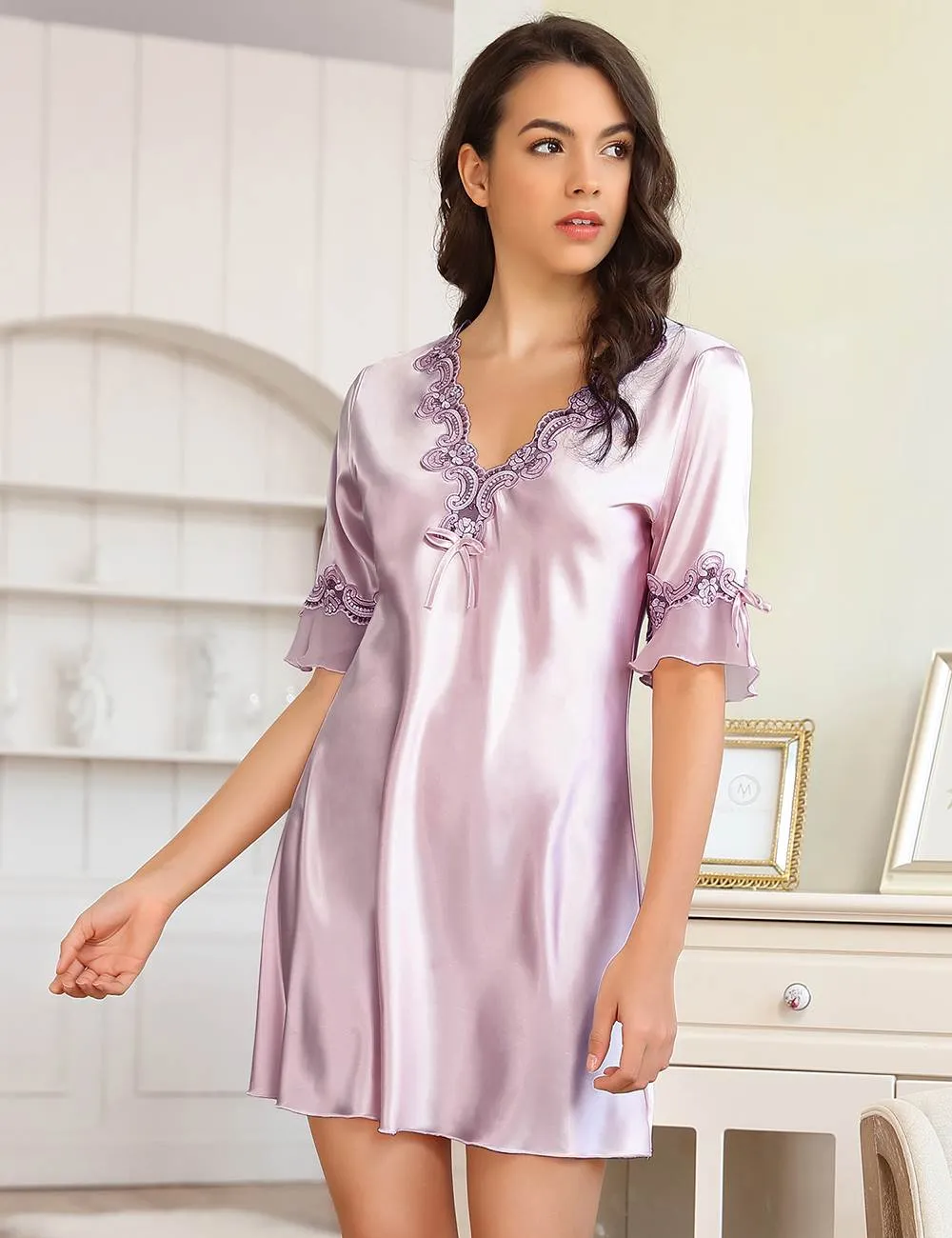 Fashionable Silk Embroidery Casual Nightdress