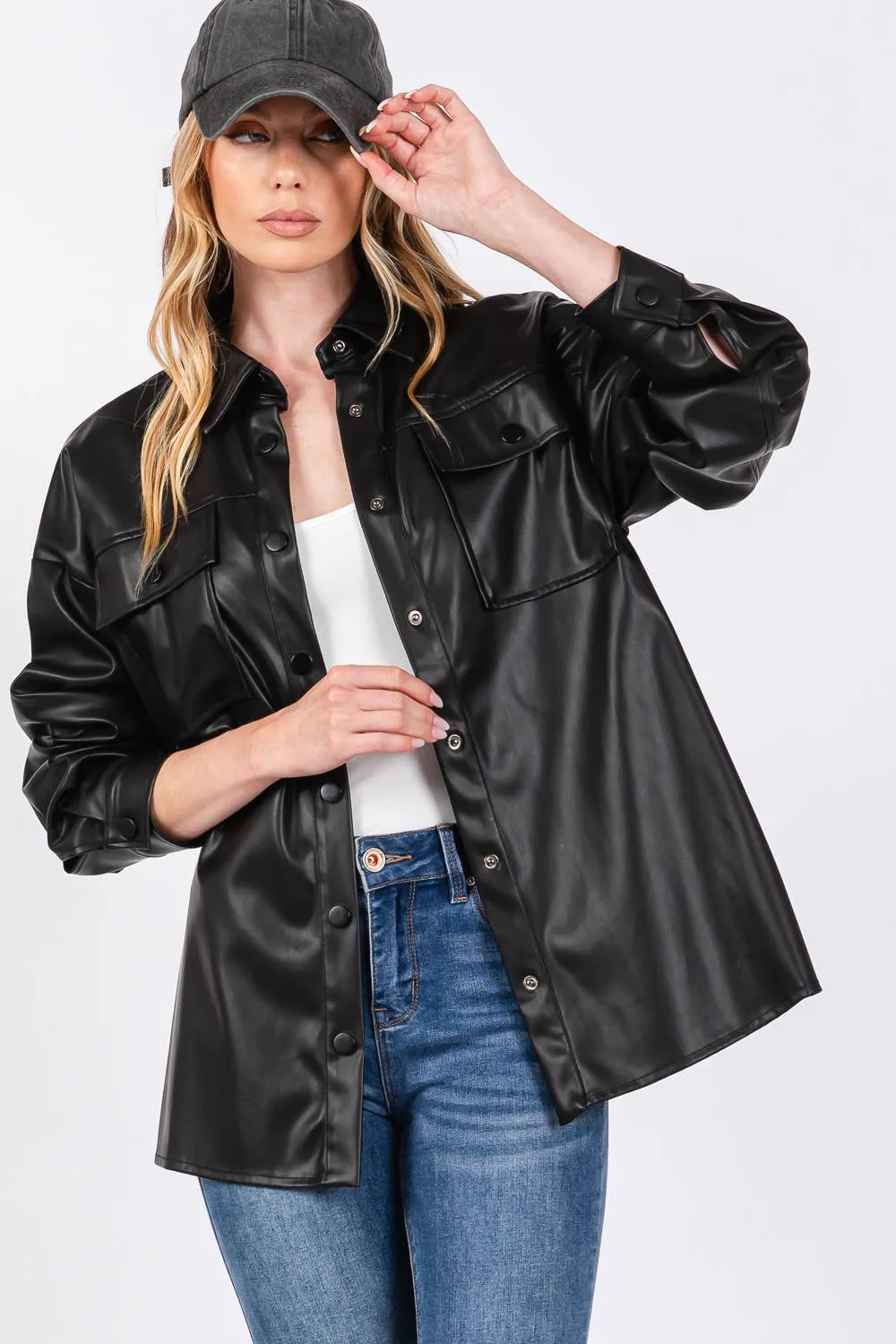 Faux Leather Button Up Sage   Fig Shacket: Black