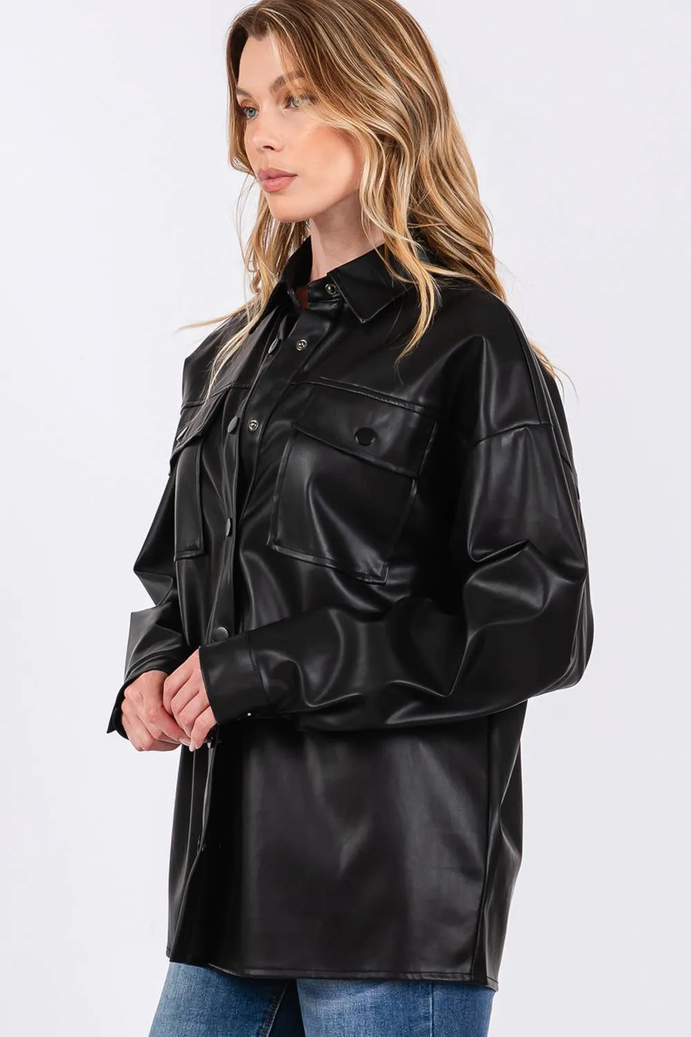 Faux Leather Button Up Sage   Fig Shacket: Black