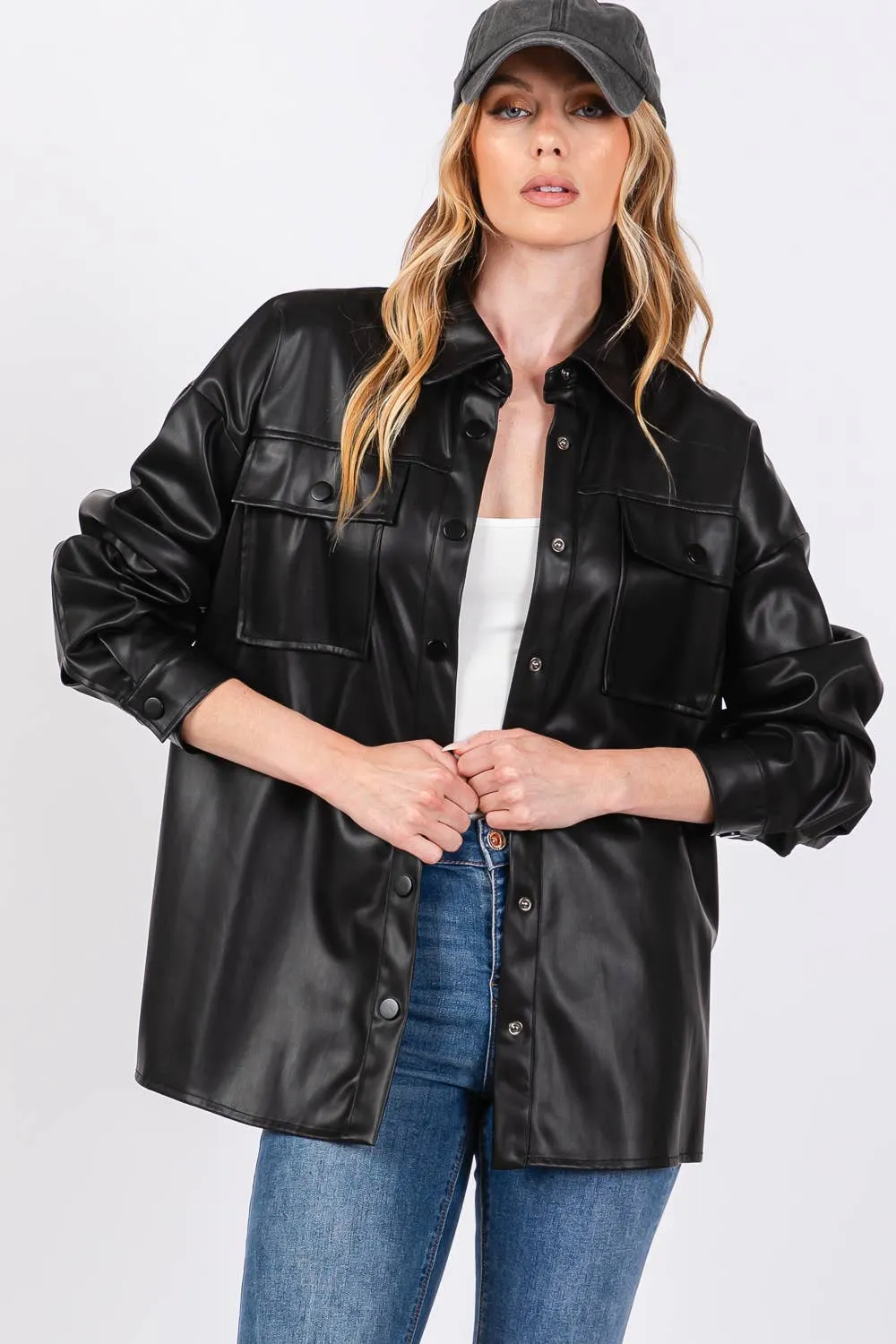 Faux Leather Button Up Sage   Fig Shacket: Black