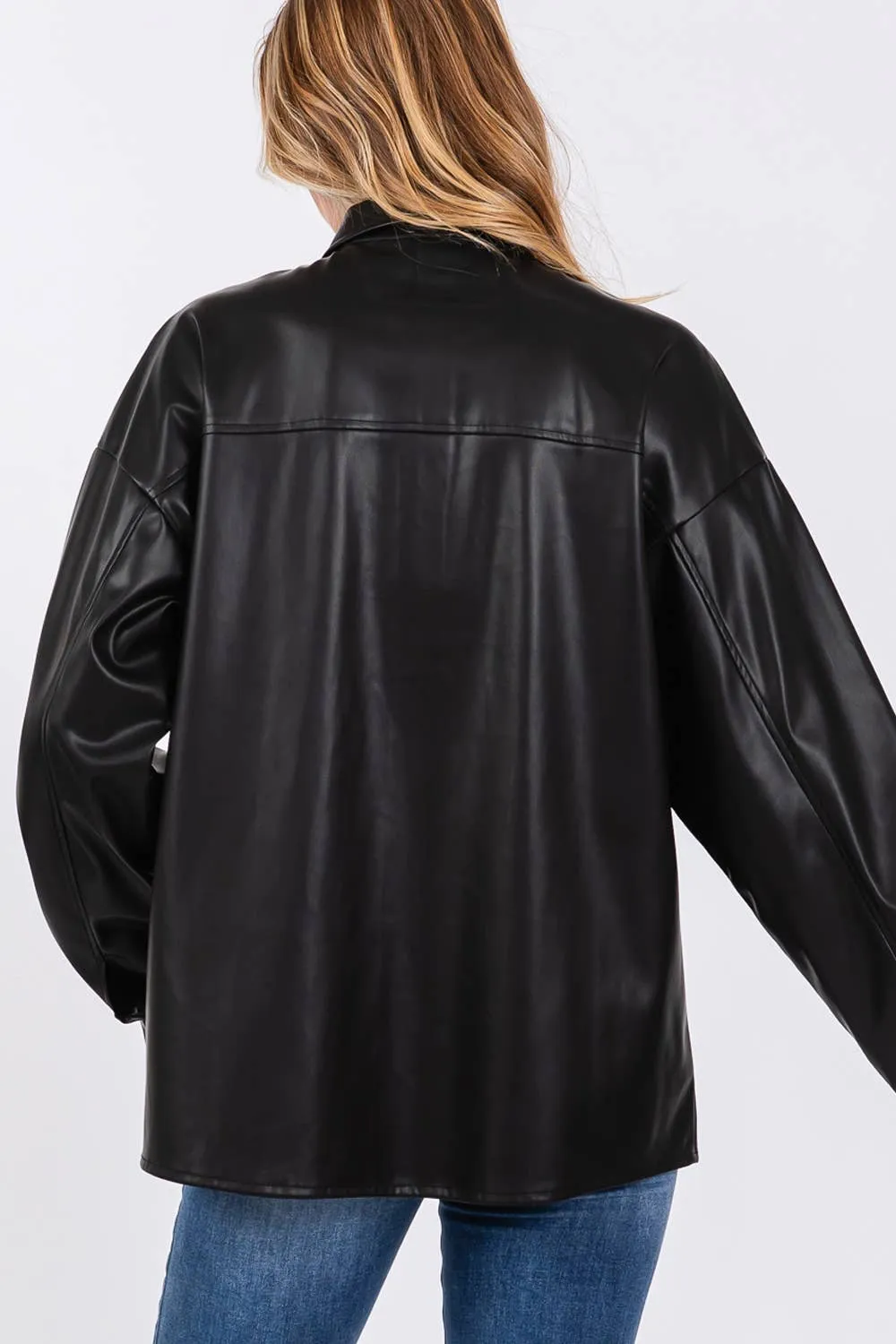 Faux Leather Button Up Sage   Fig Shacket: Black