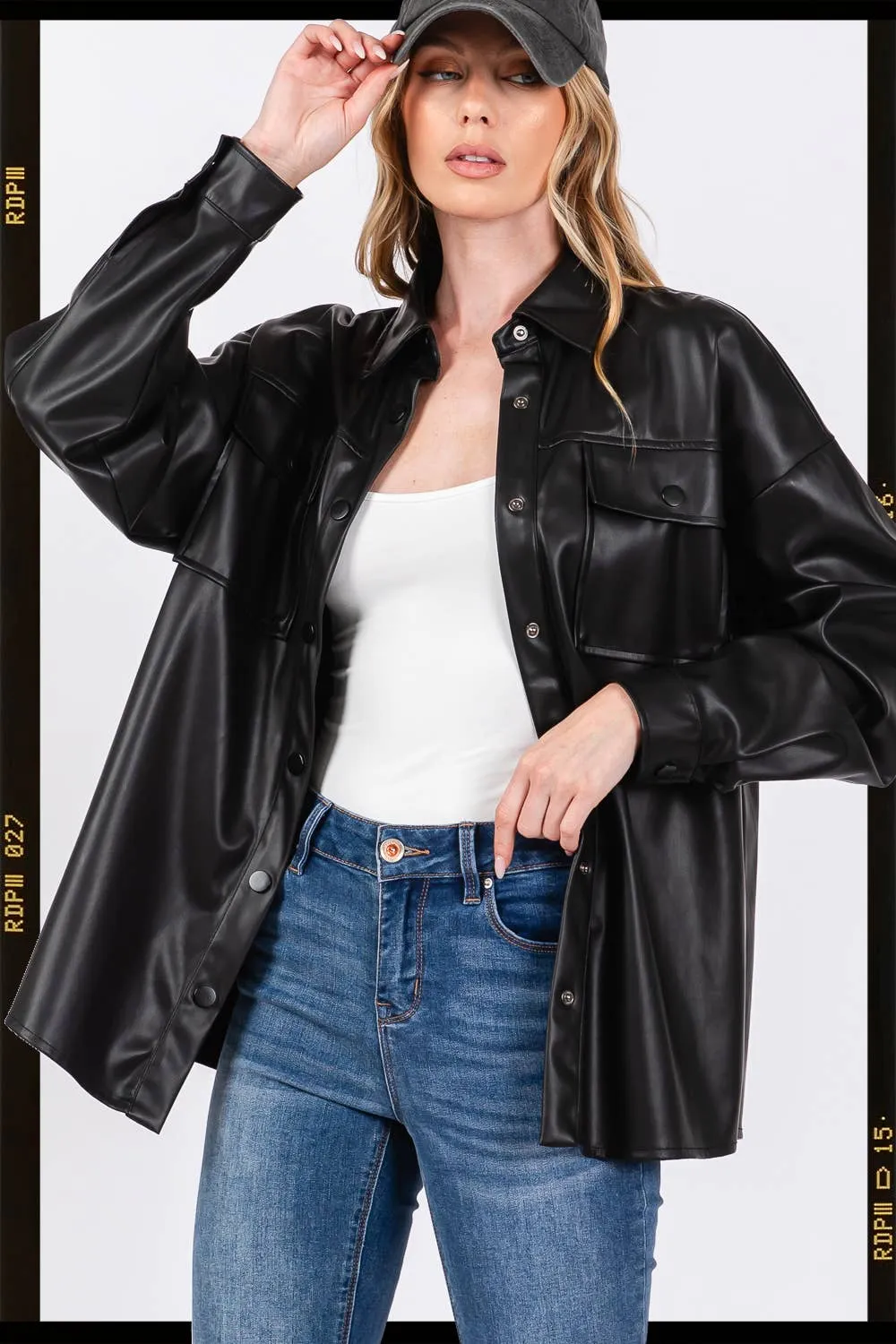 Faux Leather Button Up Sage   Fig Shacket: Black