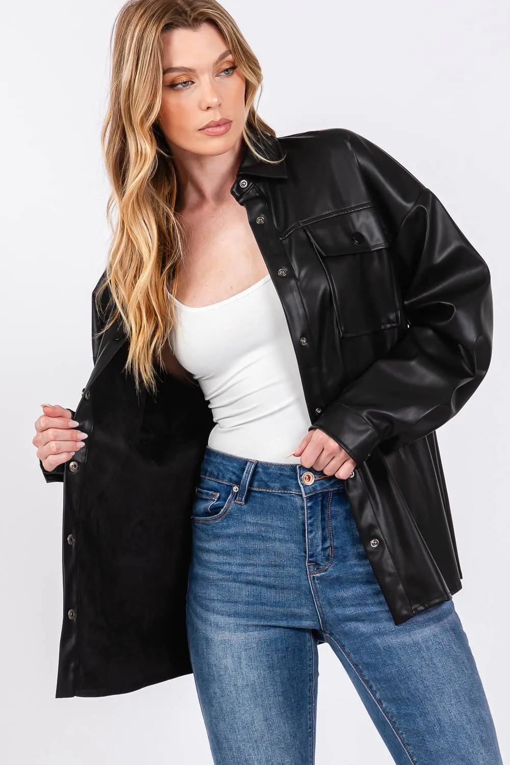 Faux Leather Button Up Sage   Fig Shacket: Black
