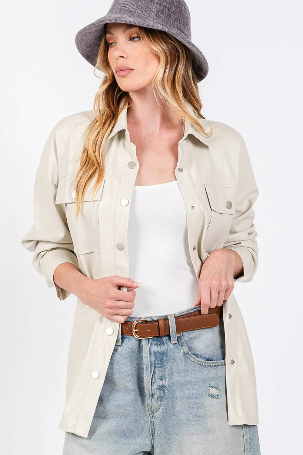Faux Leather Button Up Sage   Fig Shacket: Latte