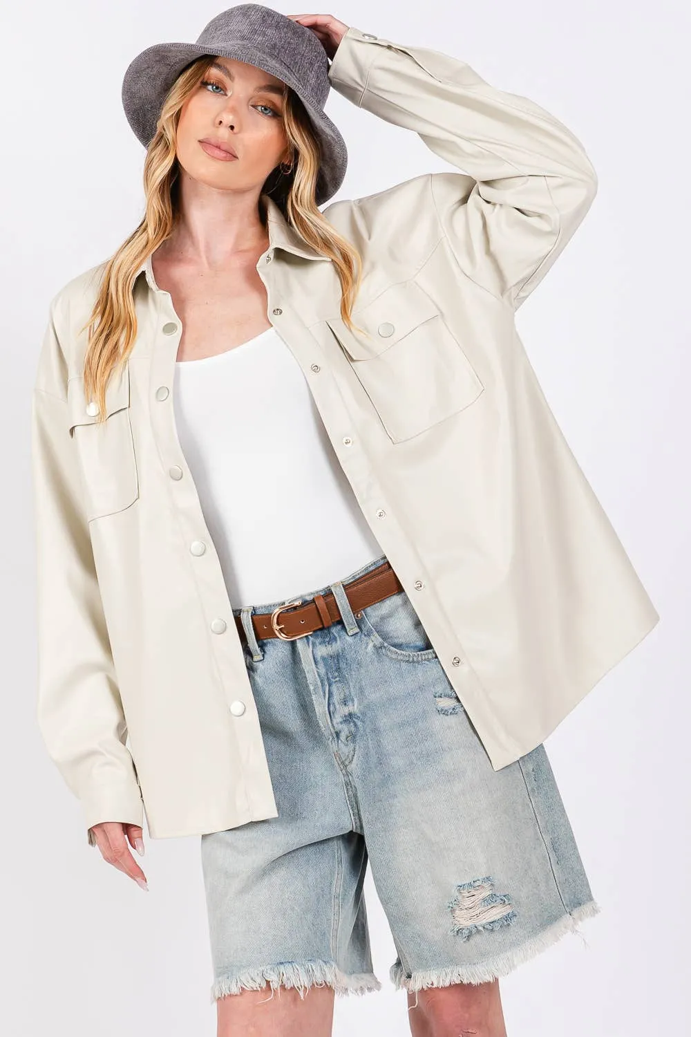 Faux Leather Button Up Sage   Fig Shacket: Latte
