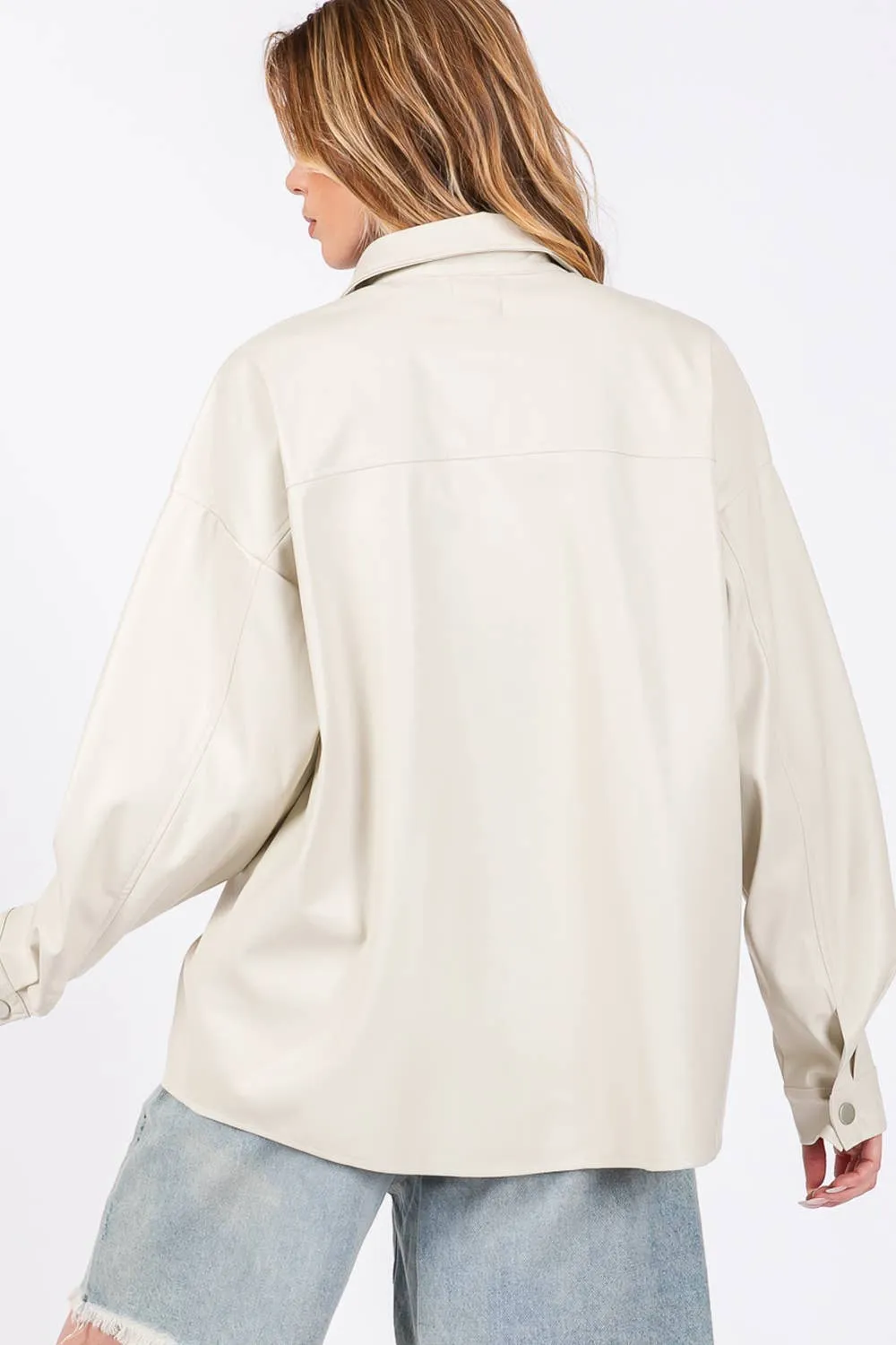 Faux Leather Button Up Sage   Fig Shacket: Latte