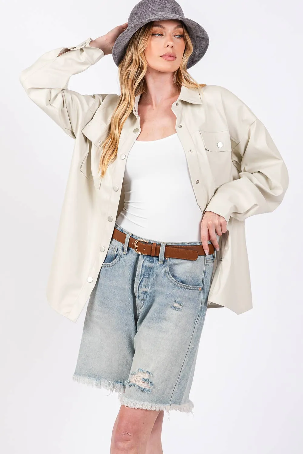 Faux Leather Button Up Sage   Fig Shacket: Latte
