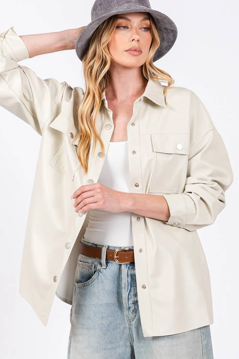 Faux Leather Button Up Sage   Fig Shacket: Latte