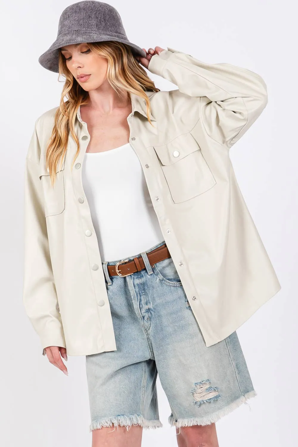 Faux Leather Button Up Sage   Fig Shacket: Latte