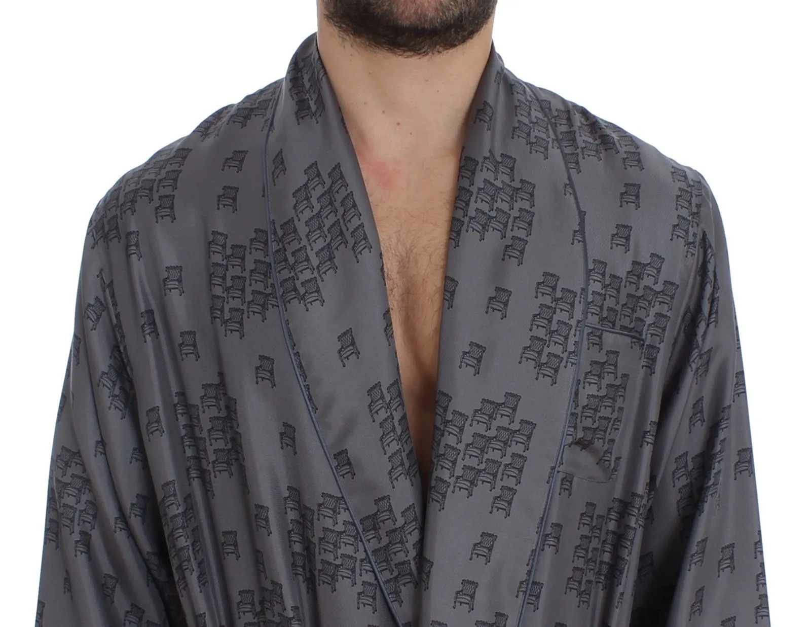 Gray Blue Chair Print SILK Robe Coat Nightgown