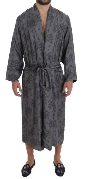 Gray Blue Chair Print SILK Robe Coat Nightgown