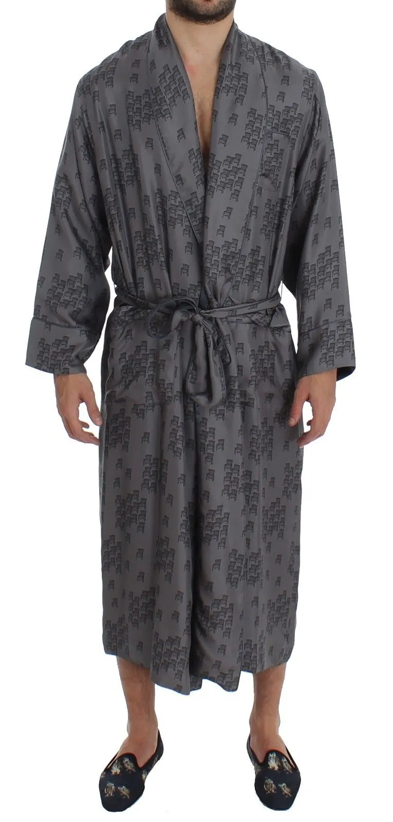 Gray Blue Chair Print SILK Robe Coat Nightgown
