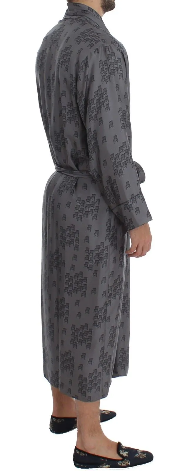 Gray Blue Chair Print SILK Robe Coat Nightgown