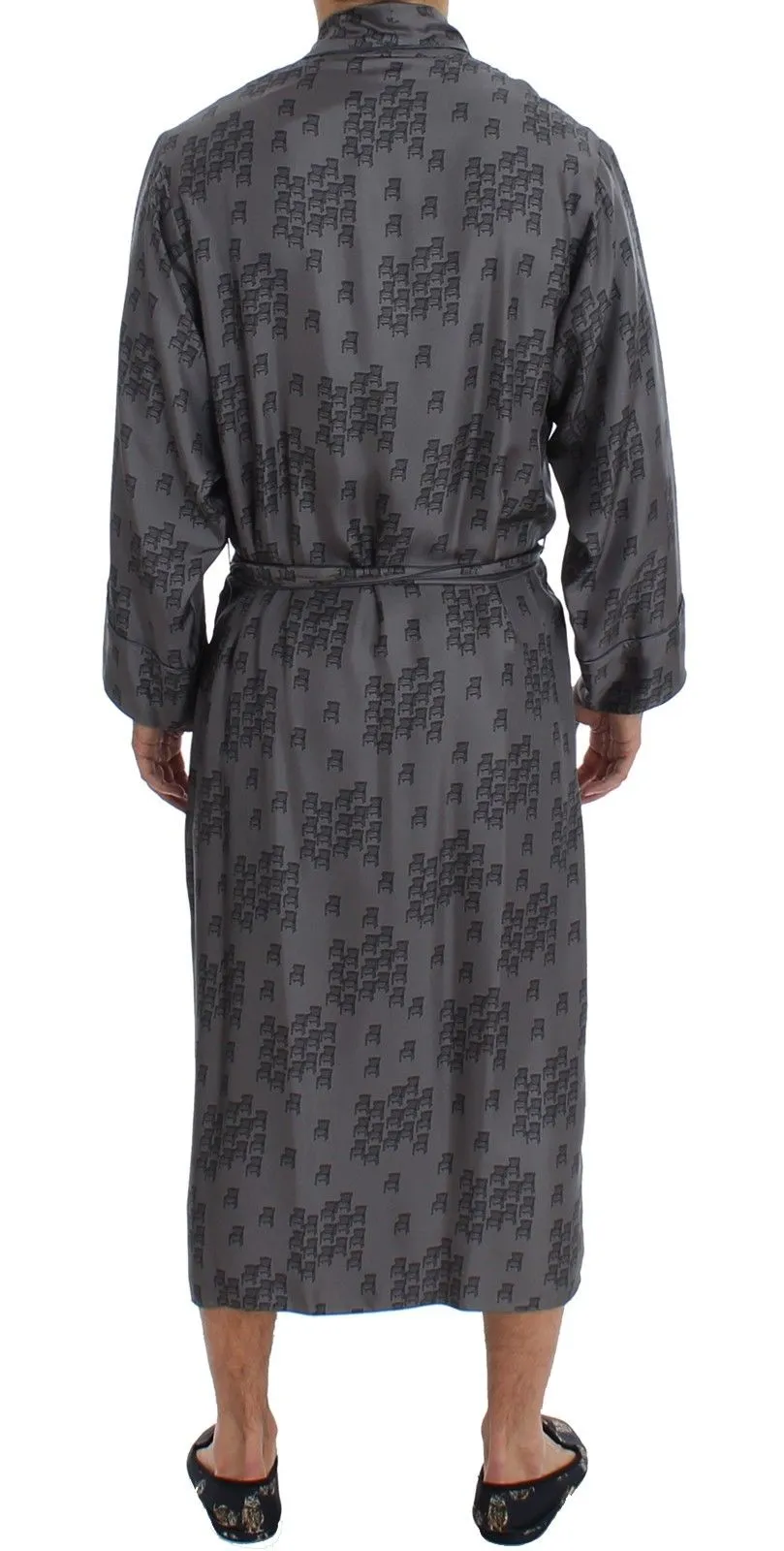 Gray Blue Chair Print SILK Robe Coat Nightgown