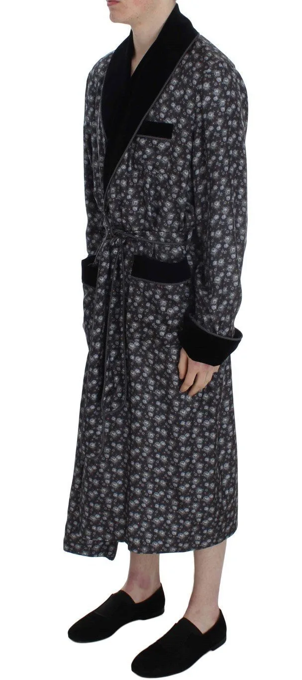 Gray Floral Print Silk Sleepwear Robe