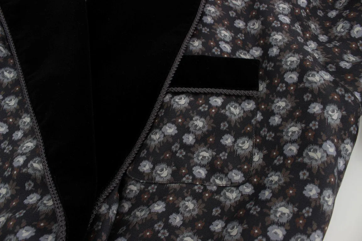 Gray Floral Print Silk Sleepwear Robe