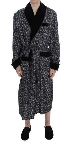 Gray Floral Print Silk Sleepwear Robe