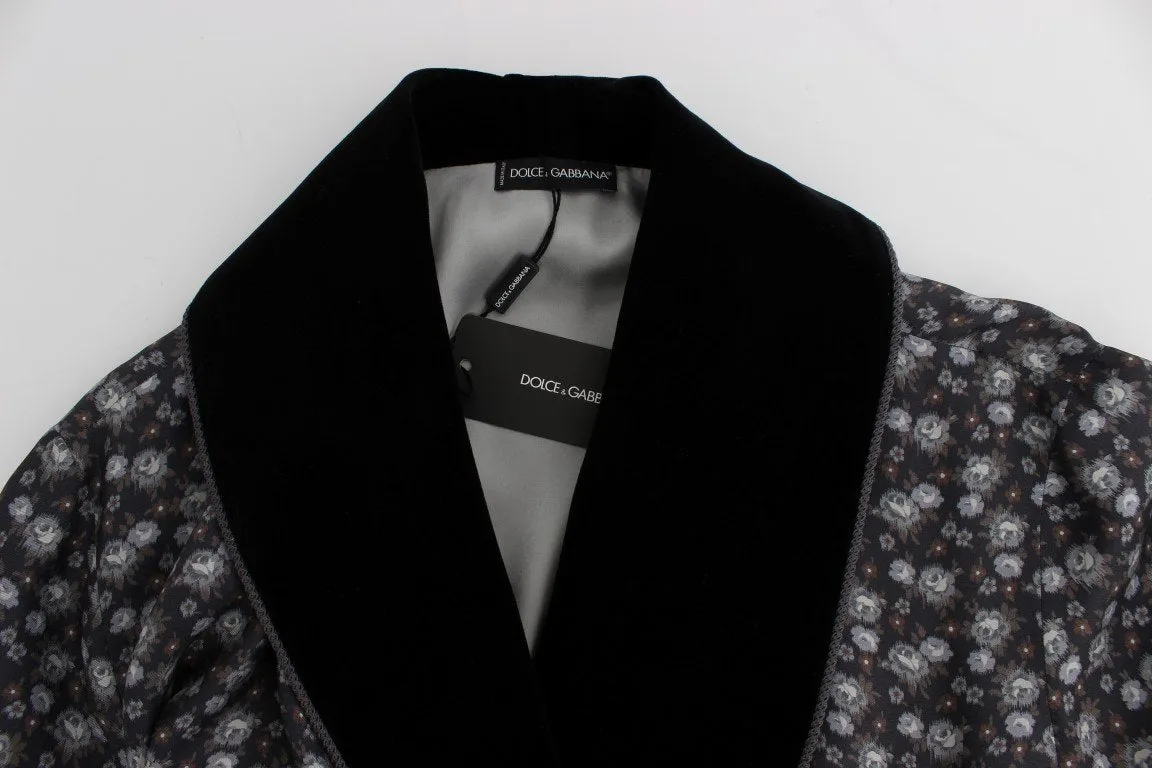 Gray Floral Print Silk Sleepwear Robe
