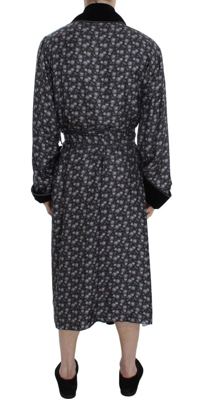 Gray Floral Print Silk Sleepwear Robe