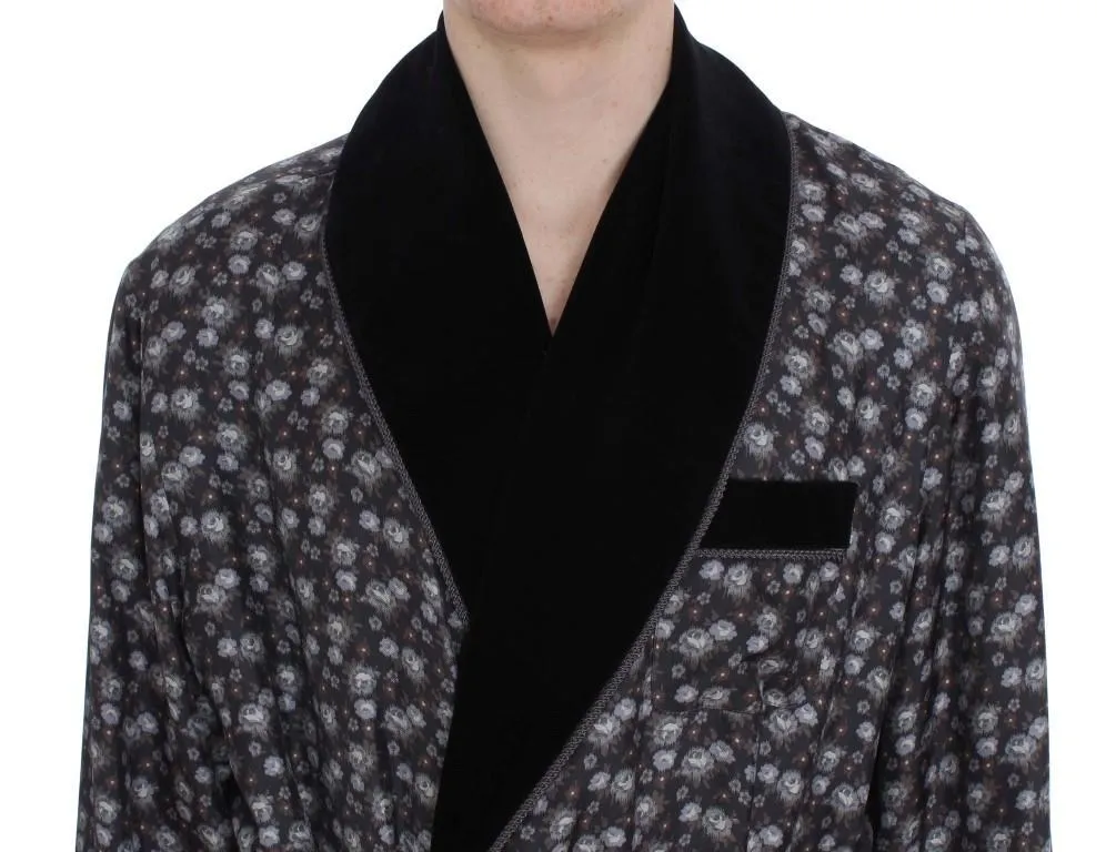 Gray Floral Print Silk Sleepwear Robe