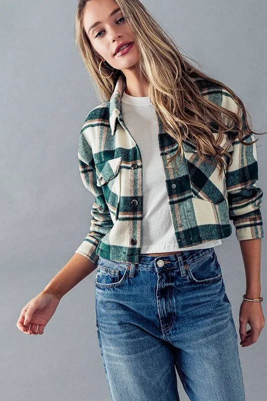 Green Bella Snap Button Plaid Crop Urban Daizy Jacket
