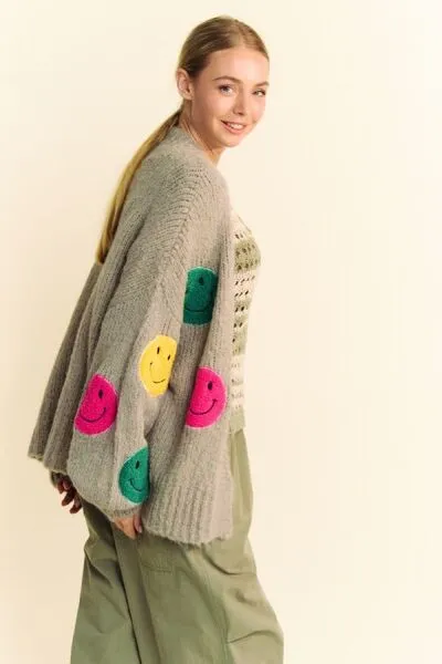 Hazel Blues® |  Davi & Dani Fuzzy Smile Open Front Long Sleeve Cardigan