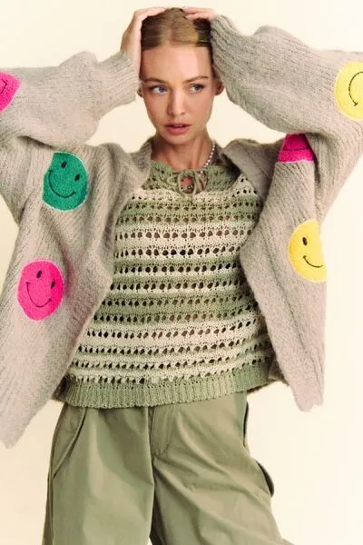 Hazel Blues® |  Davi & Dani Fuzzy Smile Open Front Long Sleeve Cardigan