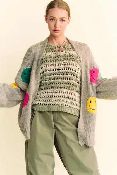 Hazel Blues® |  Davi & Dani Fuzzy Smile Open Front Long Sleeve Cardigan