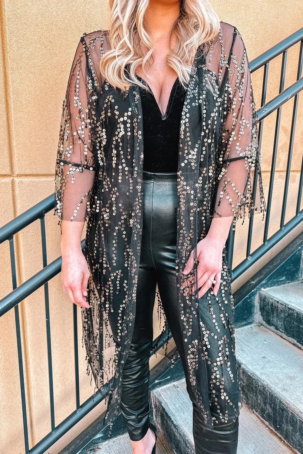Hazel Blues® | Sequin Open Front Sheer Cardigan
