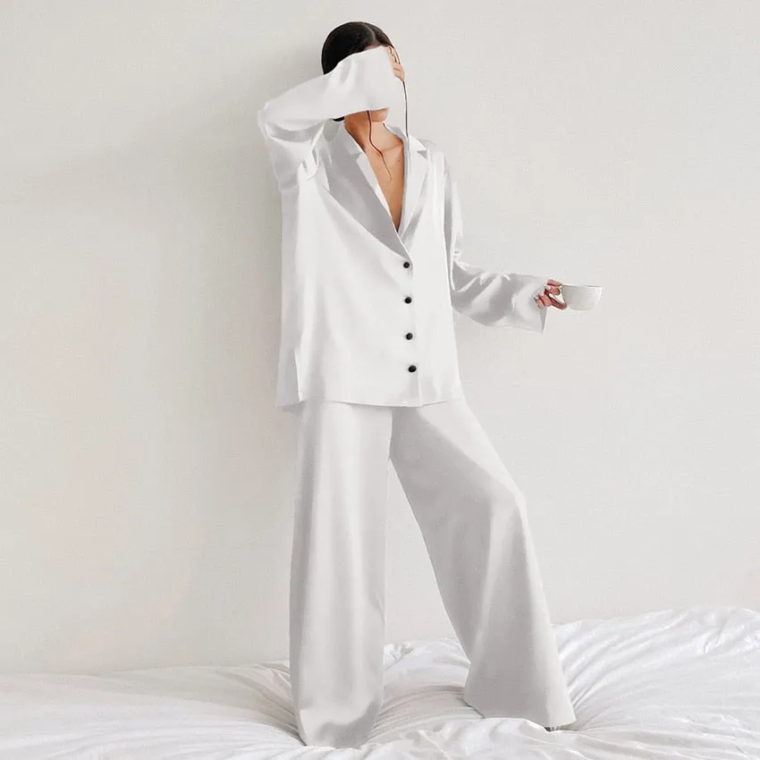 Hiloc Oversized Satin Silk Sleepwear Low Cut Sexy Pajamas For Women Single-Breasted Long Sleeves Wide Leg Pants Trouser Suits