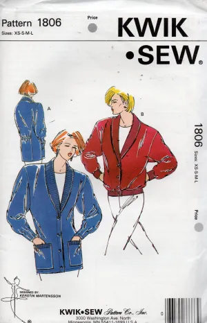 Kwik Sew 1806 Womens Stretch Cardigans or Jackets 1980s Vintage Sewing Pattern Size XS - L UNCUT Factory Folded