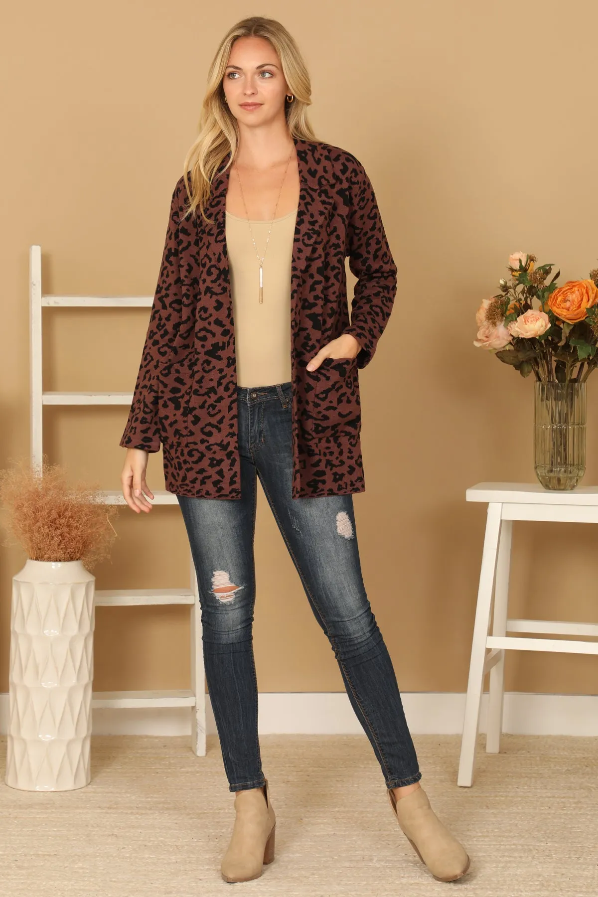 LONG SLEEVE LEOPARD OPEN CARDIGAN