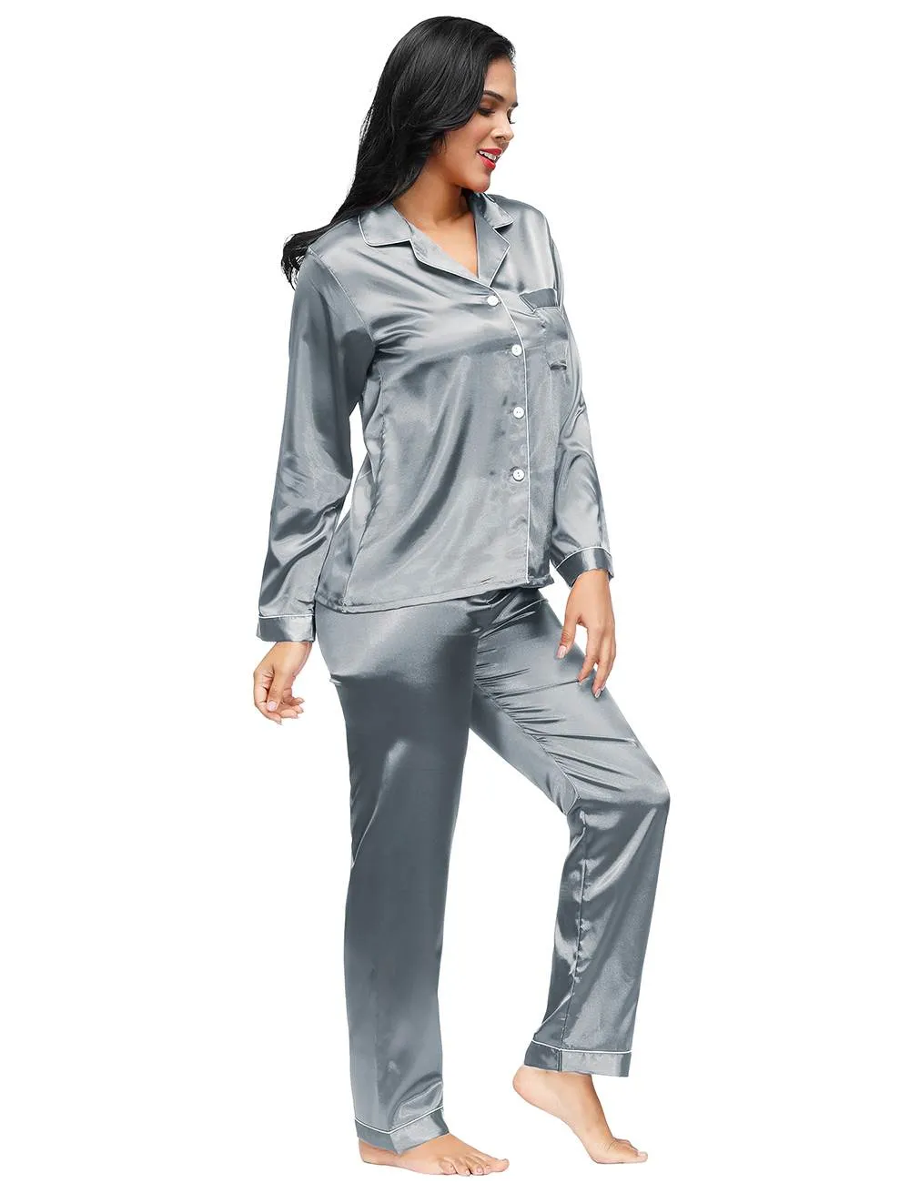 Long Sleeve Silk Pajamas Set Two Piece Set